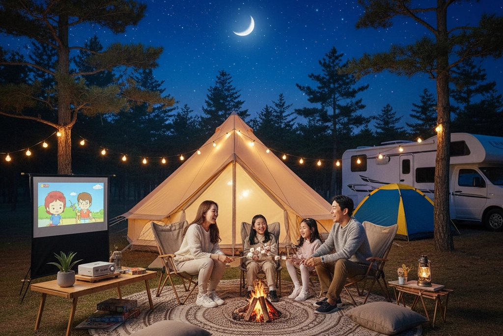 一家四口在星空下露營,他們坐在營火邊,周圍掛著串燈。左邊的投影布幕正在播放動畫,後面是一個大型帳篷和一輛露營車。