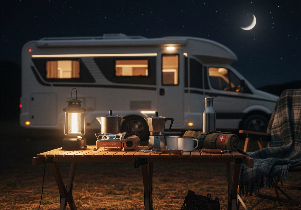 露營車戶外場景,一張木桌上整齊擺放著露營必備物品,包括牙刷、毛巾、延長線、藍芽音箱及小型串燈。