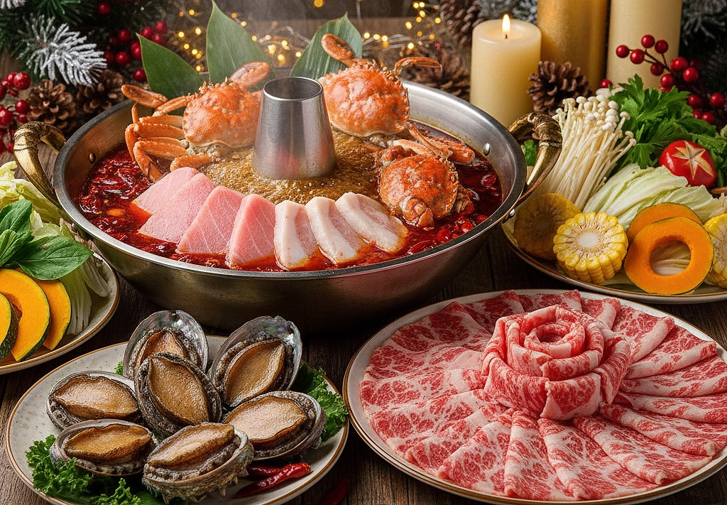亮山川｜萬里美食｜聖誕節氣氛的川味麻辣海鮮火鍋，鍋內有螃蟹、鮪魚中腹、活鮑魚  桌上還有一盤松阪牛肉、一盤有金針菇、玉米、高麗菜、南瓜片等蔬菜盤