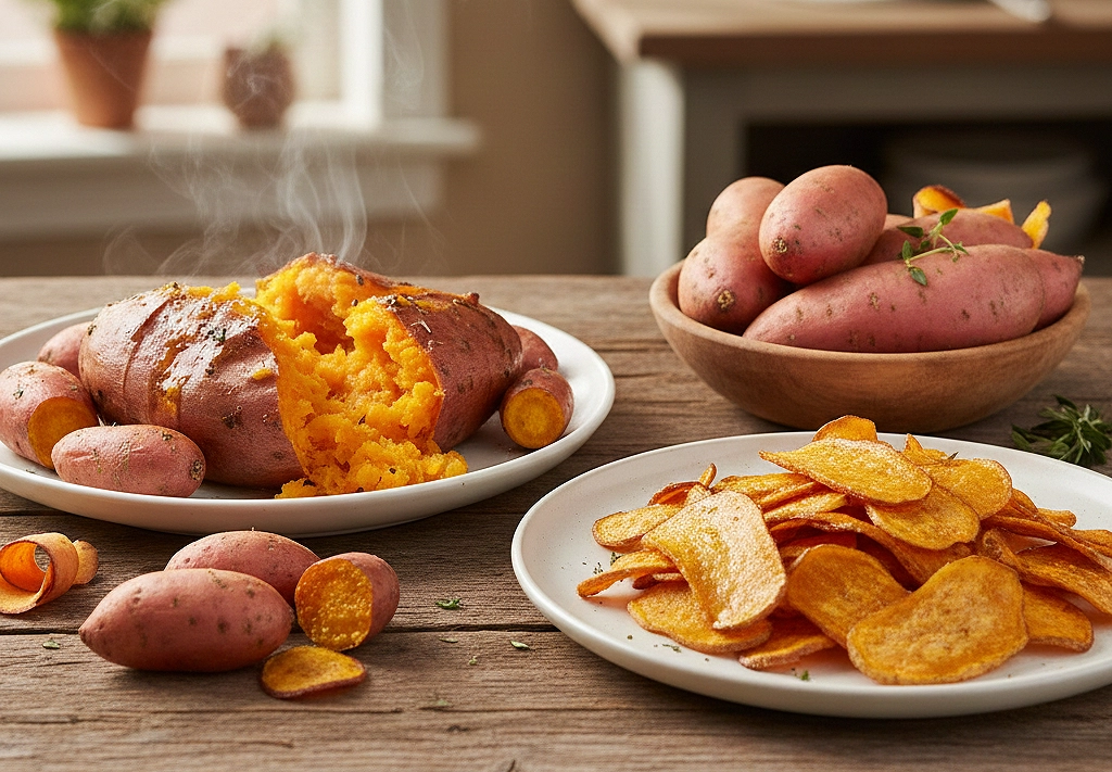 亮山川｜萬里美食｜木質背景上擺放著冒煙的剖開烤地瓜、香脆的金黃地瓜片，以及一碗新鮮生圓地瓜，呈現溫暖的田園美食風格。